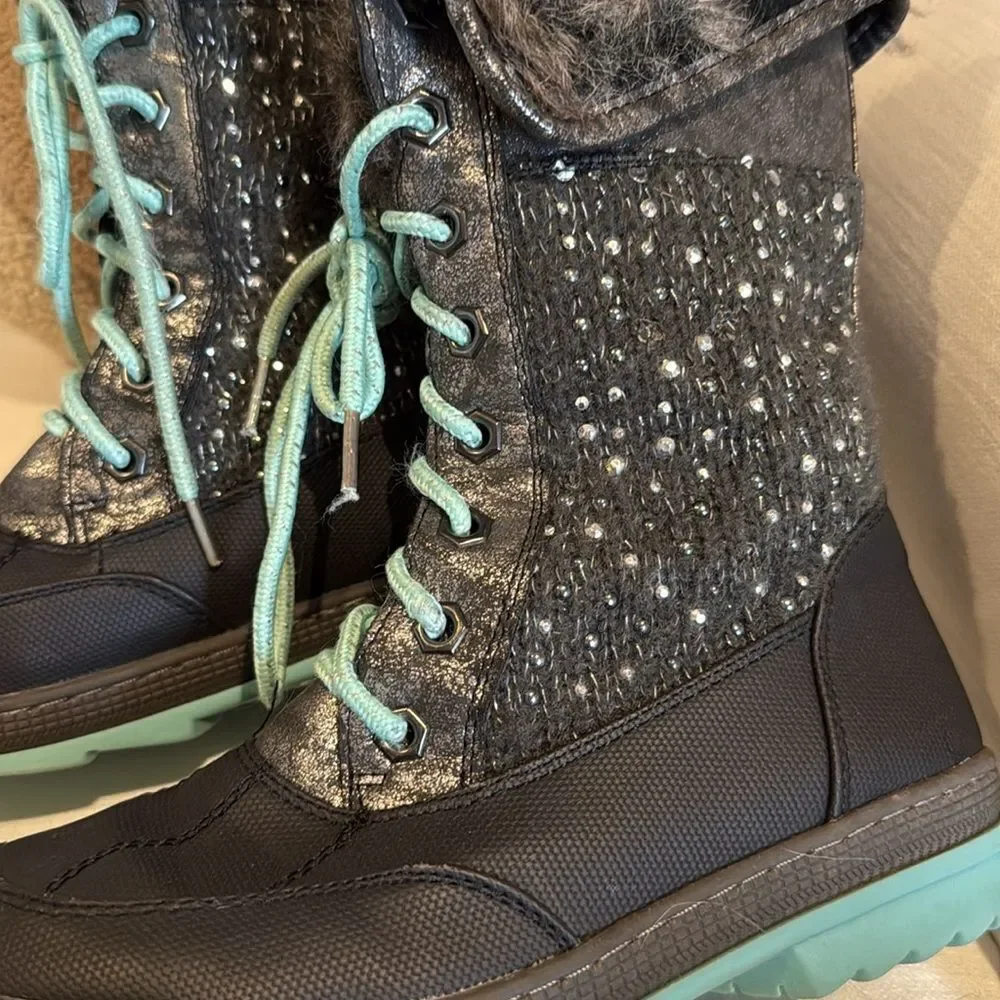 Justice Faux Fur Leather Rhinestone Lace Up Winter Boots